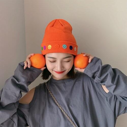 KENSHELLEY Fashion Plain Short Knitted Winter Hat for Women Candy Colors lovely Smile Face Caps Mens Beanie Skullies Beanies