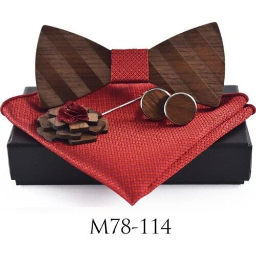 Classic Wooden Bow Tie Suit Square Scarf Cuff Link Brooch Suit Clothing Accessories Wedding Stripe Wood Bow Tie