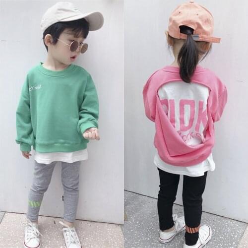 Toddler Boys Girls Sweatshirts Korean Casual Loose Kids Cotton Fake Two Tops Unisex Fashion Letter Print Hoodies for Baby Child