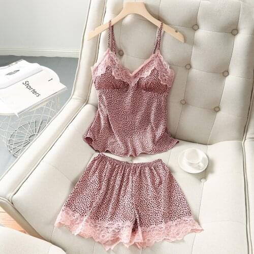JULYS SONG Leopard Pajamas Set Faux Silk Women Sexy Lace Summer Sleepwear Sling and Shorts Satin Lady Pyjamas Homewear