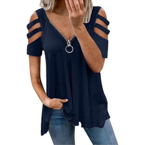 Womens Fashion Short Sleeve Zipper Shirts Loose Solid Color V Neck Off Shoulder Ladies Tops Plus Size