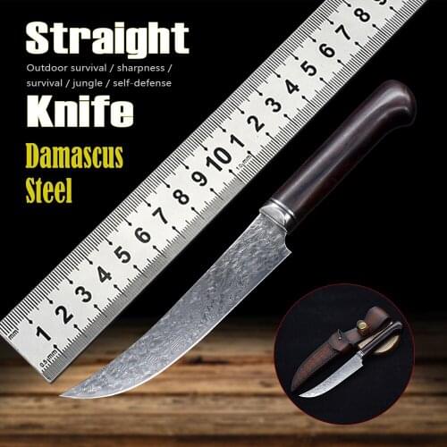 Damascus Steel Outdoor Combat Camping Rescue Knife Sharp Fishing EDC Household Fruit Knife Fixed Straight Knife Tool Kitchen