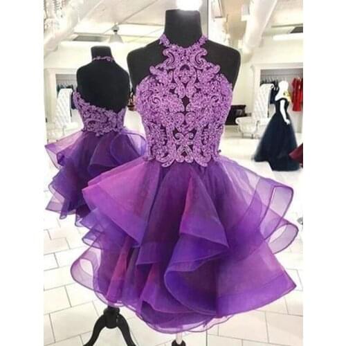 Regncy A-Line Halter Knee-Length Organza Short Party Dresses With Tiered Applique