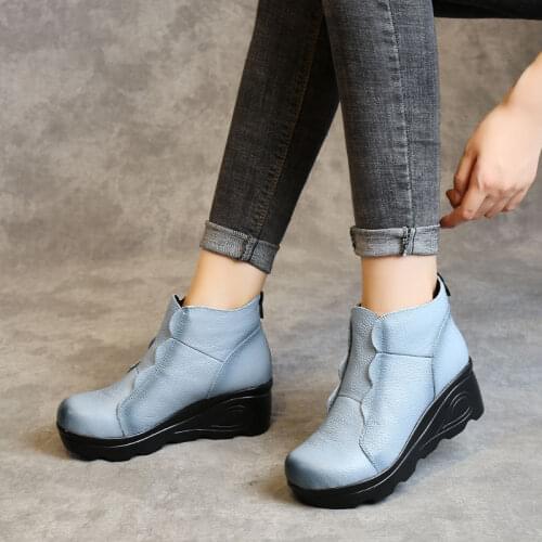 Wedge Heel Chic Shoes Ladies Designer Blue Genuine Leather Ankle Boots For Women Low Heels Cowhide Mom Shoes 2021 Womens Boots