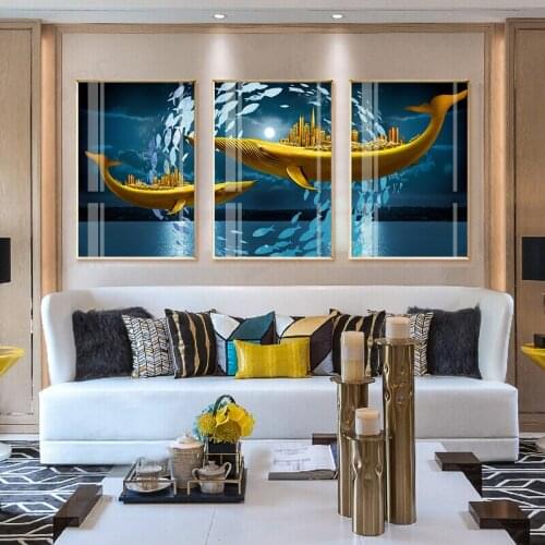 Modern Art Golden Whale Carrying the City Wall Art Canvas Painting Nordic Posters And Prints Picture Home Room Wall Decoration