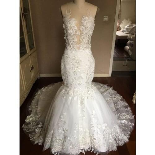 Wedding Dress Transparent Bodice Wedding Gown Ivory Elegant Bridal Dress robes de mariée sirène 3D flower