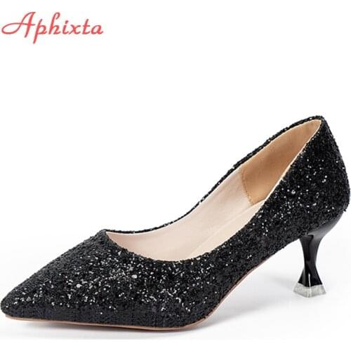 Aphixta 5.5cm Fashion Sequined Official Heels Shoes Woman Pumps Wedding Party Ladies Big Size 43 Shoes Classic Pumps For Women