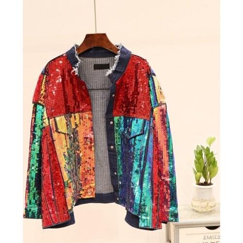 Outerwear New fashion denim women s European station new heavy industry rainbow Sequin loose jacket