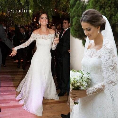 Vintage Full Sleeve Lace Red Ball Gown Wedding Dress boat neck off the shoulder wedding gown custom