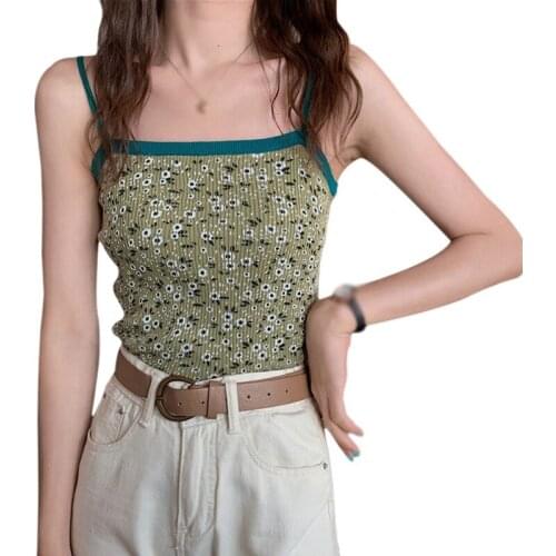 Women Summer Flowers Sweet Vest Slim Knitting Sleeveless Camisole Crop Tank Top