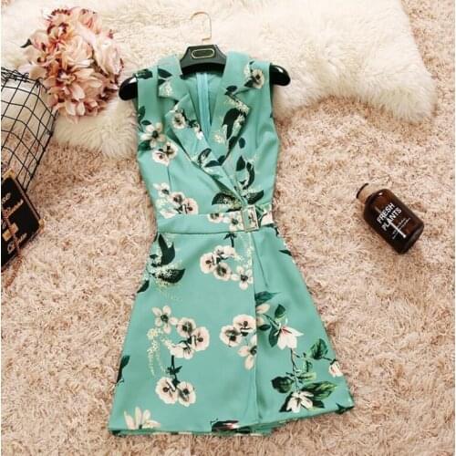 Womens V neck sleeveless Print Playsuits Ladys Vintage Spring Summer Wide leg shorts summer chiffon Jumpsuits TB1259