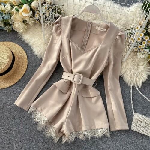 Fashion Retro V-neck Lace Decorated Women Playsuit Popular 2020 Summer Belted Jumpsuit