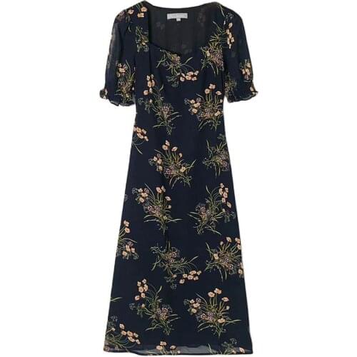 2021 Summer women elegance Square Collar temperament long Dresses vintage floral Vestidos Party Receive waist Slim Midi Dress