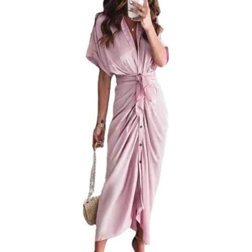 Women Short Sleeve Maxi Dress High Waist Buttons Solid Color Draped Tunic Dress Sundress robe femme платье летнее женское2021