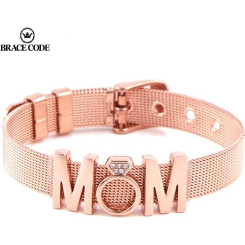 Hot Fashion Ladies Stainless Steel Mesh Bracelets Crystal MoM Charms Brand Bracelets Adjustable Bracelet for Mother Gift