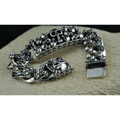 17mm width Real heavy 925 Sterling Silver men Skull Carved Link chain Punk bangle Bracelet jewelry gift A5101