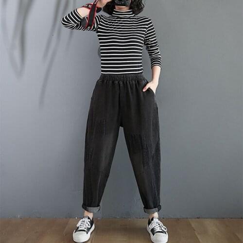 Denim Harem Pants Plus Size Autumn Winter New Arts Style Women Elastic Waist Loose Black Jeans Patchwork Cotton