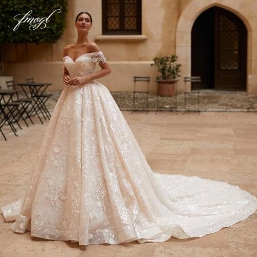 Fmogl Sexy Boat Neck Backless Lace Princess Wedding Dresses 2021 Luxury Appliques Beaded Court Train A Line Vintage Bridal Gowns
