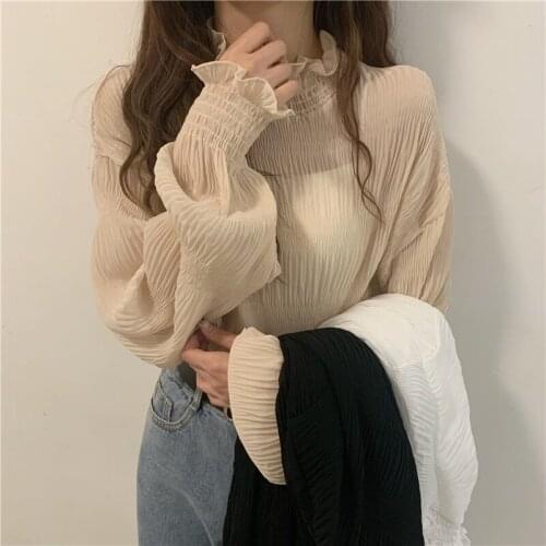GOOHOJIO 2021 Fashion Long Sleeves Blouses Ladies Autumn Chic Basic Tight Womens Tops Thin Net Yarn Fashionable Shirt for Women