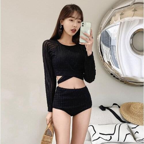 Swimsuit With Shorts Female Sexy Plus Size Swimwear Korea Ladies Surfing High Waist Trendy Biquini 2021 Black Long Sleeve Split
