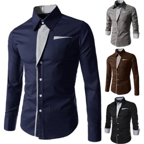 Fashion Men Stand Collar Long Sleeve Color Block Button up Shirt Sliming and Fit Male Social Casual Business White Black Shirt