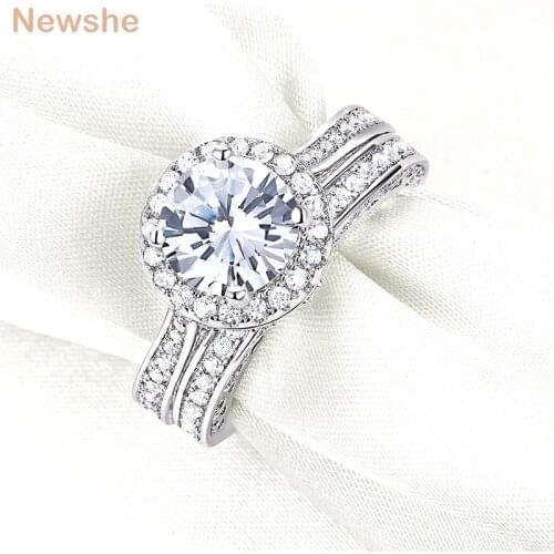 Newshe Halo Wedding Engagement Ring Set For Women Solid 925 Sterling Silver 8mm Brilliant Round AAAAA CZ Luxulry Jewelry Rings