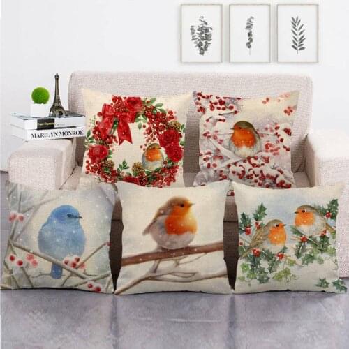 Christmas Redbreast Cute Bird Linen Throw Pillow Case Home Sofa Waist Cushion Cover Bed Room Car Decoration
