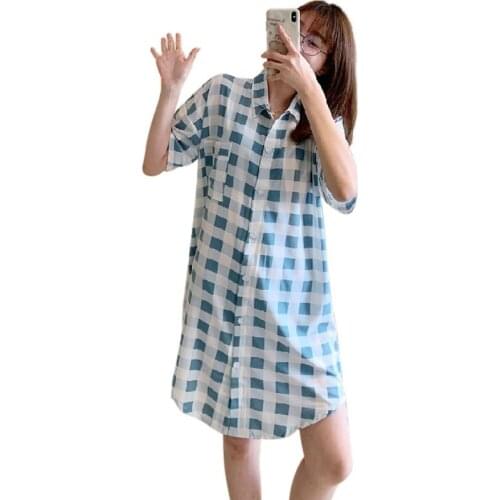 Sexy Shirt Nightdress New Cotton Plaid Loose Plus Size Sleepdress Lapel Short Sleeve Ladies Nightgown Casual Home Service