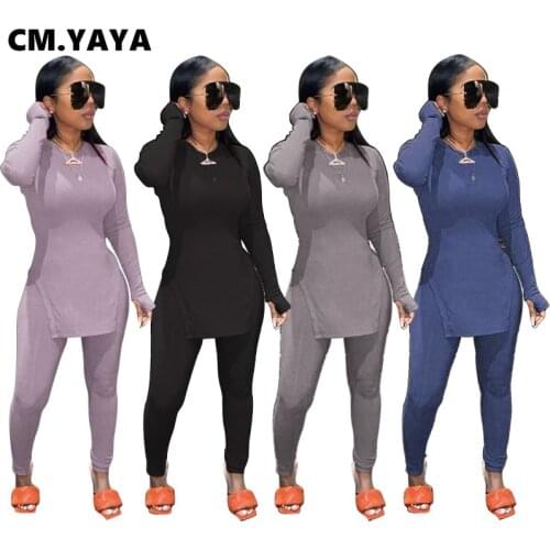 CM.YAYA Solid Full Sleeve Tshirt Side Split and Full Length Skinny Pant 2 Piece Set Women Spring Fall Casual Two Piece Outfits