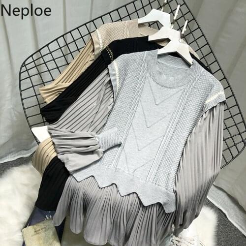 Neploe Patchwork Knitted Sweaters Tops Women Temperament Chiffon Pleated Pullovers Loose O-neck Lantern Sleeve Jumper Coat