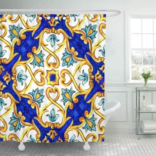 Fabric Shower Curtain with Hooks Watercolor Ethnic on Italian Tiles Majolica Cyan Outline Blue Oriental Arabic Abstract