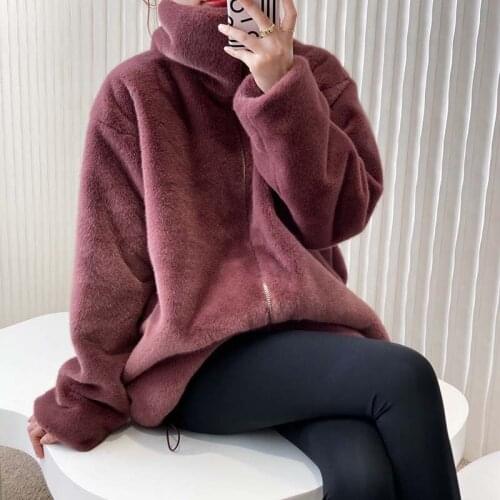 Spring Long Sleeve Warm Turn-down Collar Faux Fur Sweatshirt Short Two Colors Zipper Casual Women White Oversized Tops Clothing