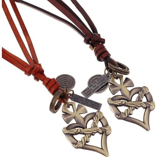 Vintage Retro Heart Necklace Alloy Cross Pendants Long Leather Chain Handmade Statement Adjustable Choker Fashion Unisex Jewelry