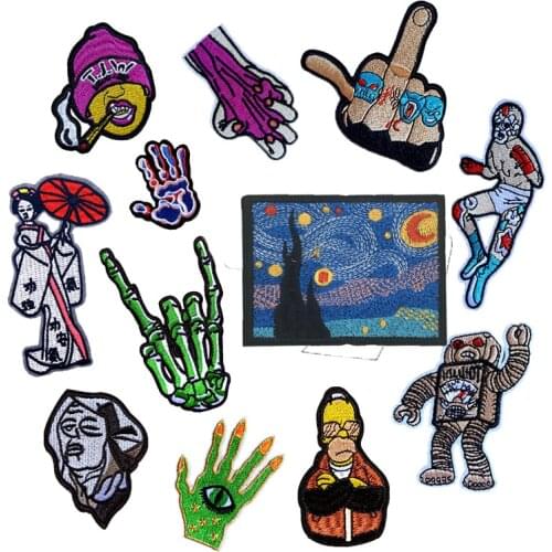 New Hip hop Embroidery Patches for Clothing Iron On Middle Finger Smoking Appliques Green Day Patches Diy Garment Decor Stickers