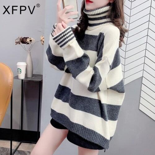 XFPV 2021 Autumn Winter New Korean Fashion Women Clothing Loose Long Sleeve Print Striped Turtleneck Sweater Pullover LY97