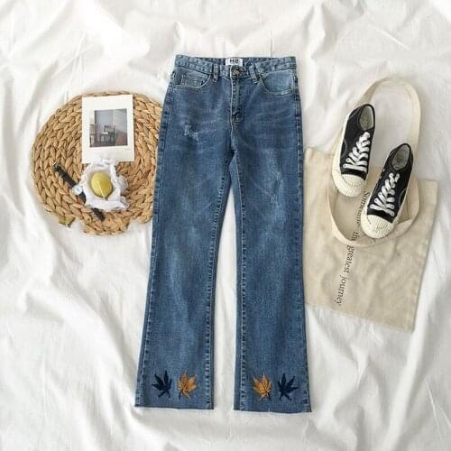 Womens embroidered jeans Chic 2020 New hig-waist pocket Casual Denim pants straight girl jeans trousers blue