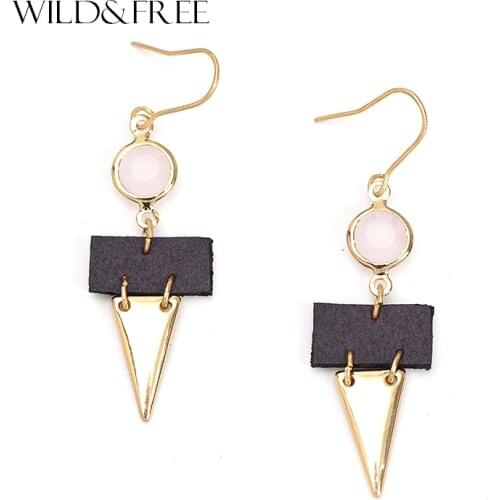 WILD & FREE Women Leather Drop Earrings Gold Zinc Alloy Triangle Pendant Pink Bead Handmade Dangle Earrings Jewelry