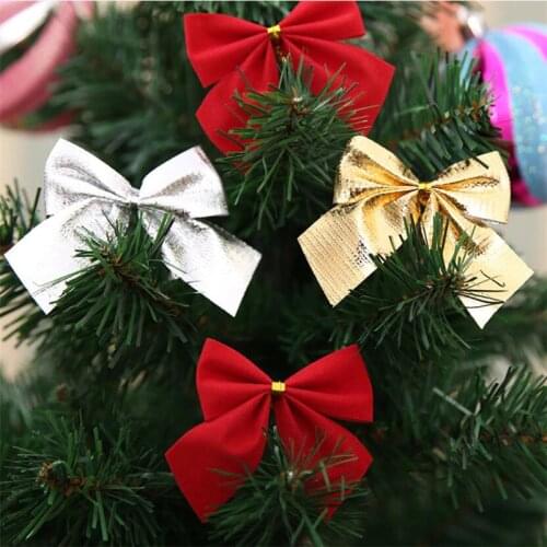 12pcs Small Bow Christmas Tree Decoration Xmas Ornament Bowknot Party Family Wedding Decoration Gift Ribbon DIY Hanging Decor