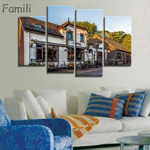 4 Panels Canvas Art Amsterdam House Canal Home Decor Wall Art Painting Canvas Prints Pictures for Living Room Poster Unframed