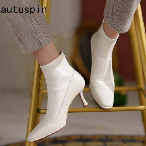 Autuspin White Chelsea Boots for Women Pointed Toe Genuine Leather High Heels 2021 Autumn Winter Female Prom Party Shoes Woman