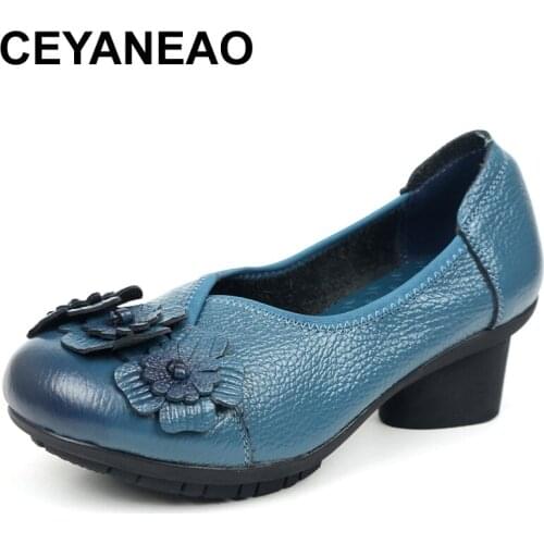 CEYANEAO2018 Retro Style Handmade Genuine Leather Shoes Women Thick With Heels Flowers Pumps Round Toe High Heels Plus SizeE1512