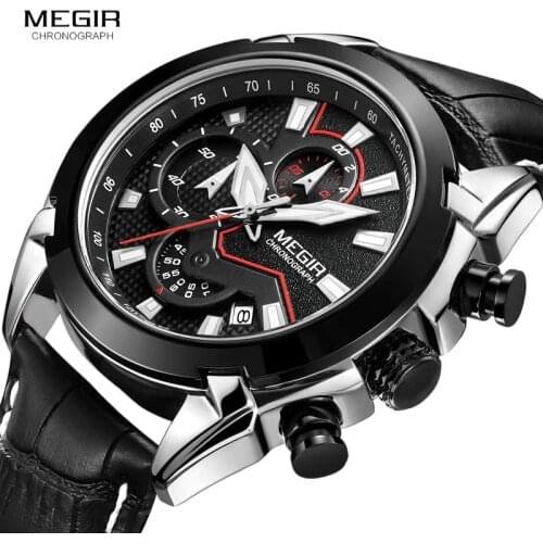 MEGIR Mens Top Brand Quartz Watches Leather Chronograph Quartz Wristwatch Military Sports Relogios Masculino relojes 2065 Black