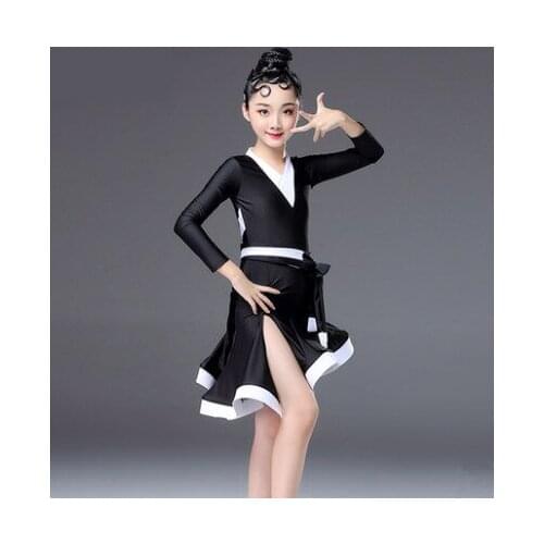 Girls Black and Whit Latin dancing dress Kids Ballroom Salsa Dance wear Outfits Childrens Party Stage wear costumes