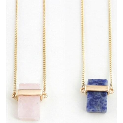 Cuboid Natural Stone Golden Simple Pendants Necklace Reiki Chakra Healing Women Jewelry