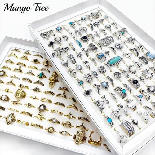 Wholesale 100pcs/Lot Vintage Bohemia Ring Golden Silver Plated Mix Style Ethnic Tribe Finger Rings For Women Jewelry Party Gift