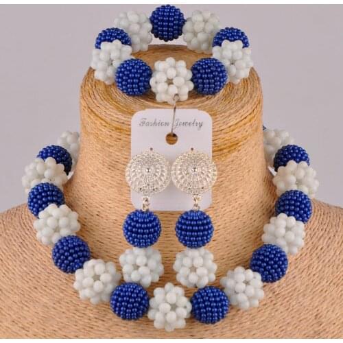 Royal Blue and White African Jewelry Set Crystal Beaded Necklace
