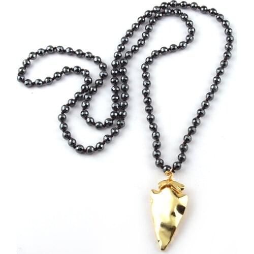 MOODPC Fashion Jewelry 6mm Faceted Hematite Stone Knotted Hematite Stone Arrowhead Pendant Necklace Women Lariat Necklaces