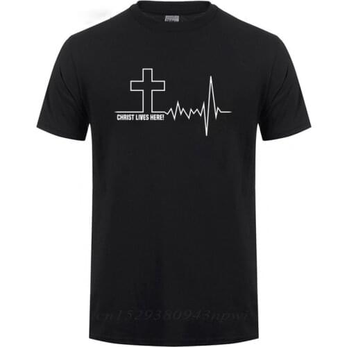 Christ Lives Here Cross Heartbeat Christian Jesus Faith Inspirational T Shirt T-Shirt For Men Male Short Sleeve Cotton Tshirt
