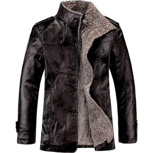 Mens Padded Fur Pu Leather Jacket Retro Style Solid Color Stand Collar Coat Winter Slim Mens Clothing chaquetas hombre