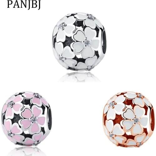 New Original 925 Sterling Silver Bead White Pink Enamel Primrose Meadow Charm Fit Pandora Bracelet Necklace DIY Women Jewelry